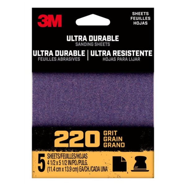 ****3M Ultra Durable 220 Grit Aluminum Oxide 1/4 Sheet Sandpaper 5Pk 5.5x4.5in
