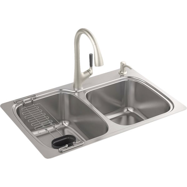 Kohler All-in-One Double Bowl Kitchen Sink Kit, Drop-In/Under Mount 33 In. x 22 In. x 9 In. Deep Stainless Steel