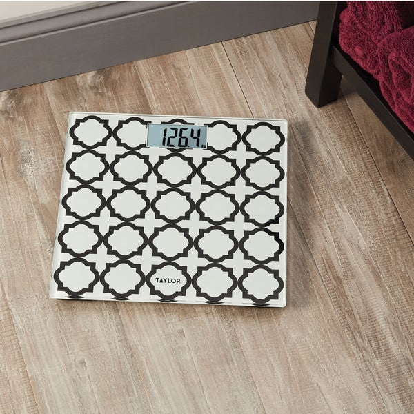 Taylor Digital Glass Bathroom Scale Lattice Pattern, White/Black, 400lb. Capacity