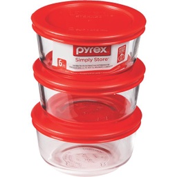 [1085657] Pyrex Simply Store Glass Storage Container Set 2-Cup Round with Red Plastic Lids (6-Piece)
